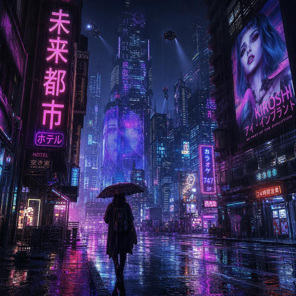 AI 生成:雨夜赛博朋克都市